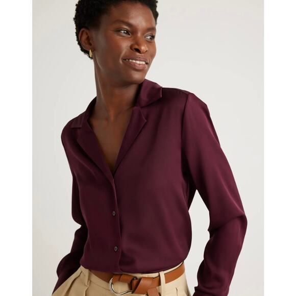 Quince Tops - New Quince Washable Stretch Mulberry Silk Notch Collar Wine Sz S #16